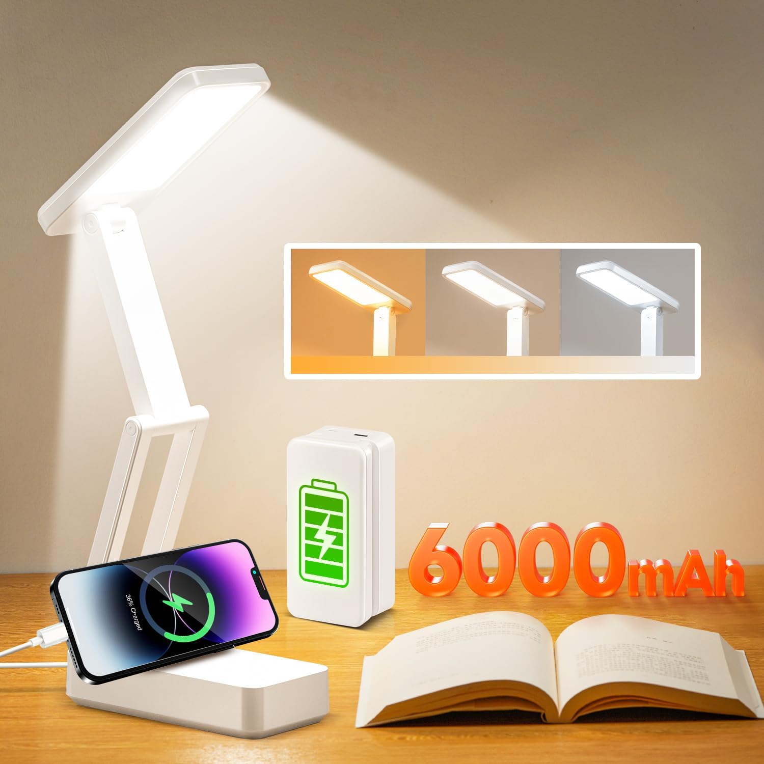 Lampă de citit wireless OneFire 6000mAh, lampă LED pliabilă portabilă și reîncărcabilă cu 3 setări de temperatură