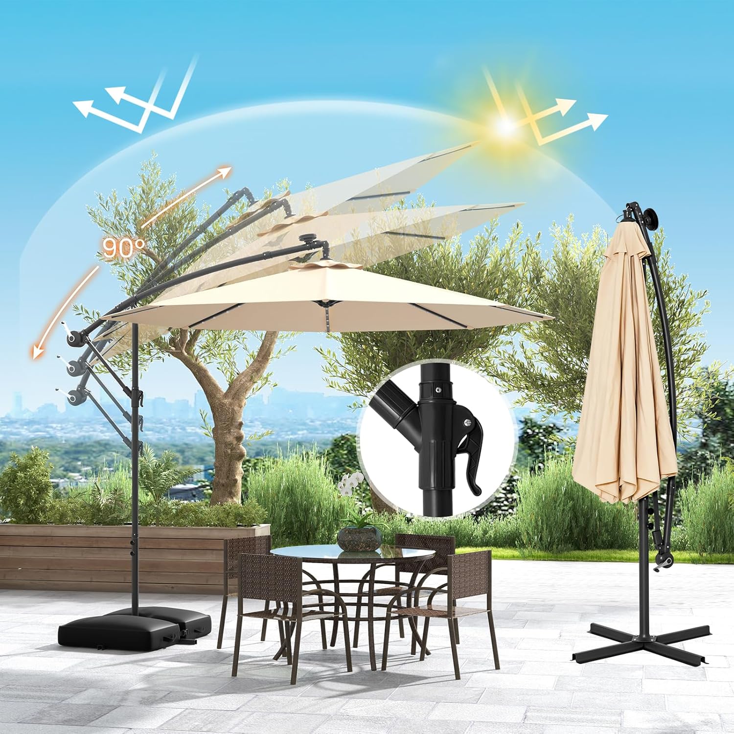 Parasol Déporté Ø300CM Parasol de Jardin Extérieur Inclinable 40 LED Solaires 8 Baleines, Grand Parasol avec Pied pour Terrasse Plage Cour (Beige) - 2