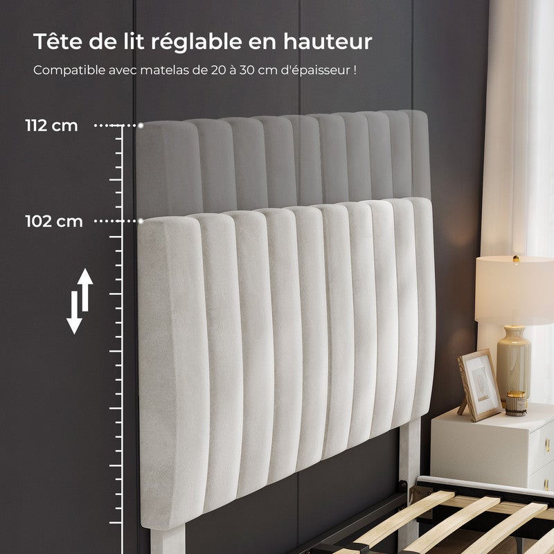 Lit 140x190 cm HavenlyHome, Lit Capitonné en Velours avec Tête de Lit et Sommier à Lattes, Lit Adulte pour 2 Personnes, Beige - 5