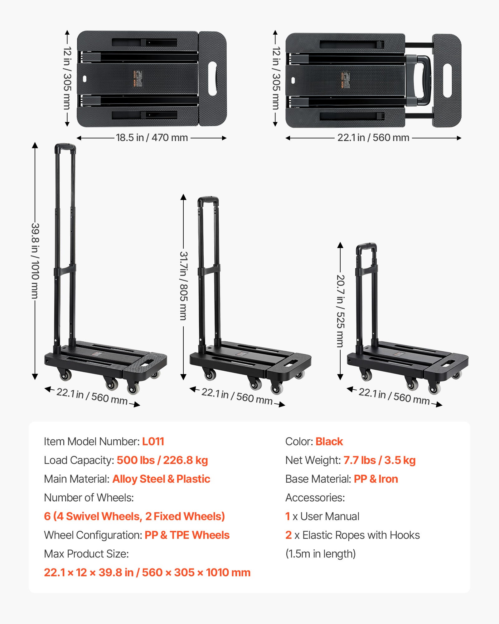 Carrinho dobrável 6 rodas VEVOR, capacidade 226,8 kg, 2 cordas elásticas, base extensível, carrinho utilitário para mudança, escritório, preto - 7