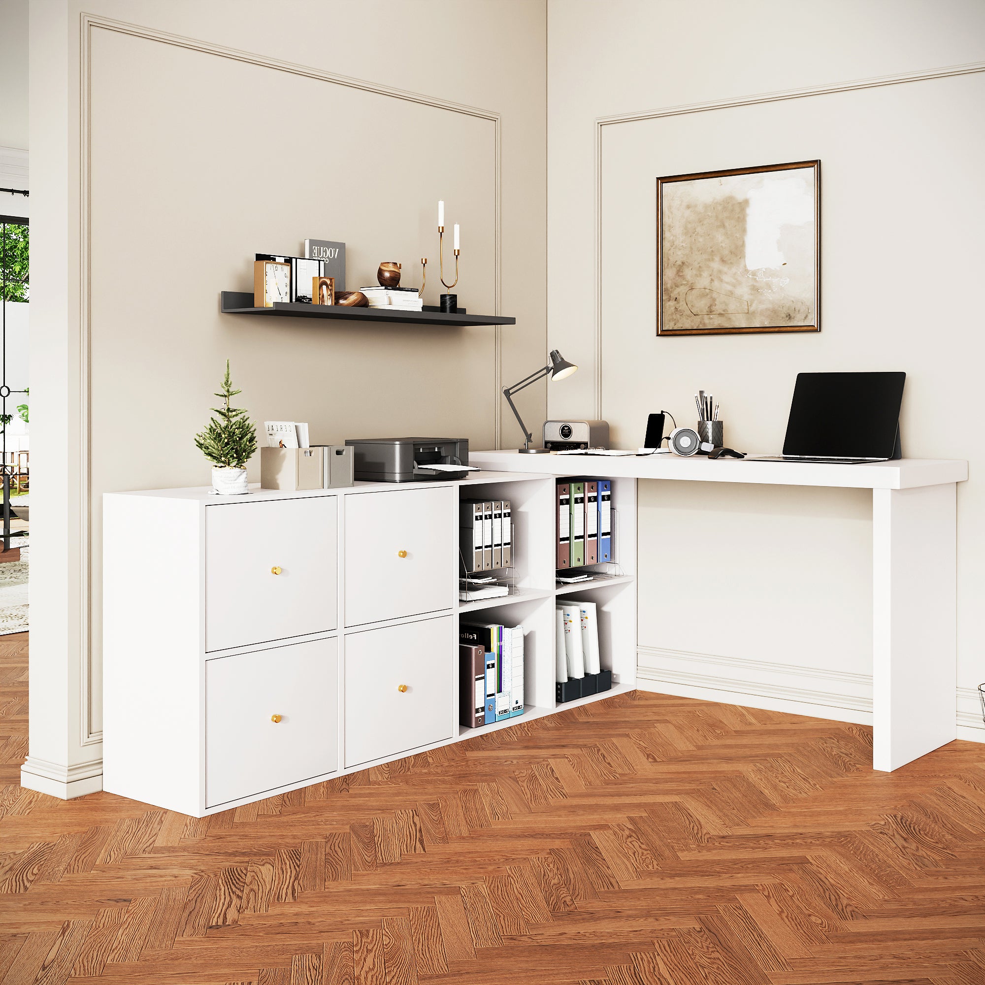 Biurko narożne obrotowe z 4 przegrodami i 4 szufladami - 120 x 48 x 78 cm + 140 x 35 x 74 cm - MDF - Białe