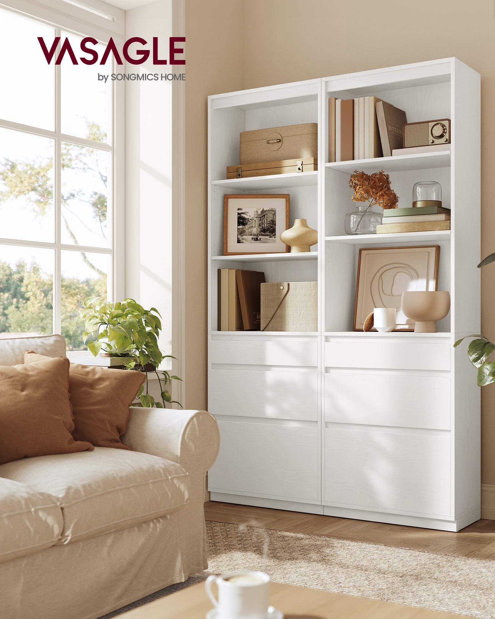 Bibliothèque, 3 Tiroirs de Tailles Différentes, Étagères Réglables, Hauteur 180 cm, pour Salon, Chambre, Bureau, Moderne, Gain de Place, Blanc Neige - 2