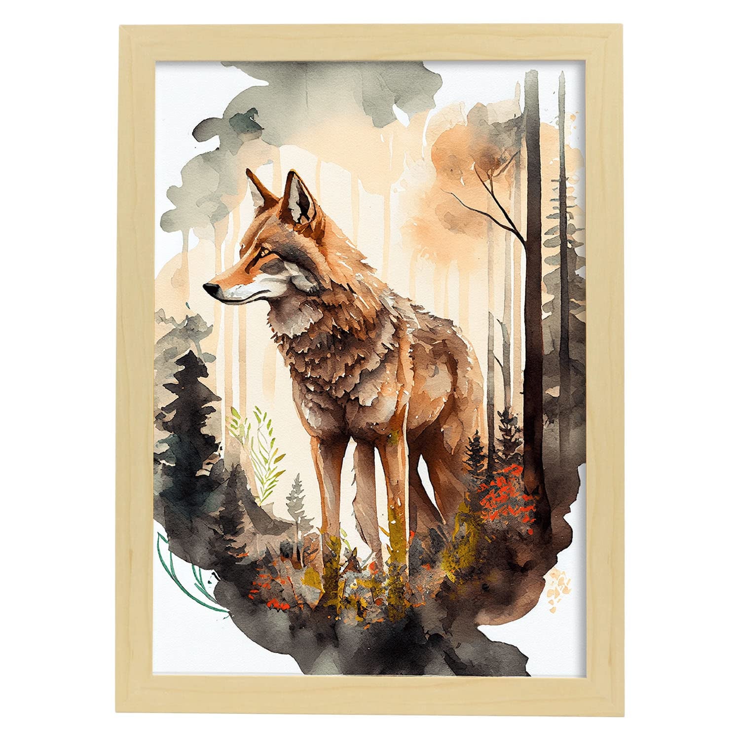Nacnic poster de coyote en estilo acuarela ilustraciones a todo color de animales salvajes en la naturaleza y a3 con marco de madera clara