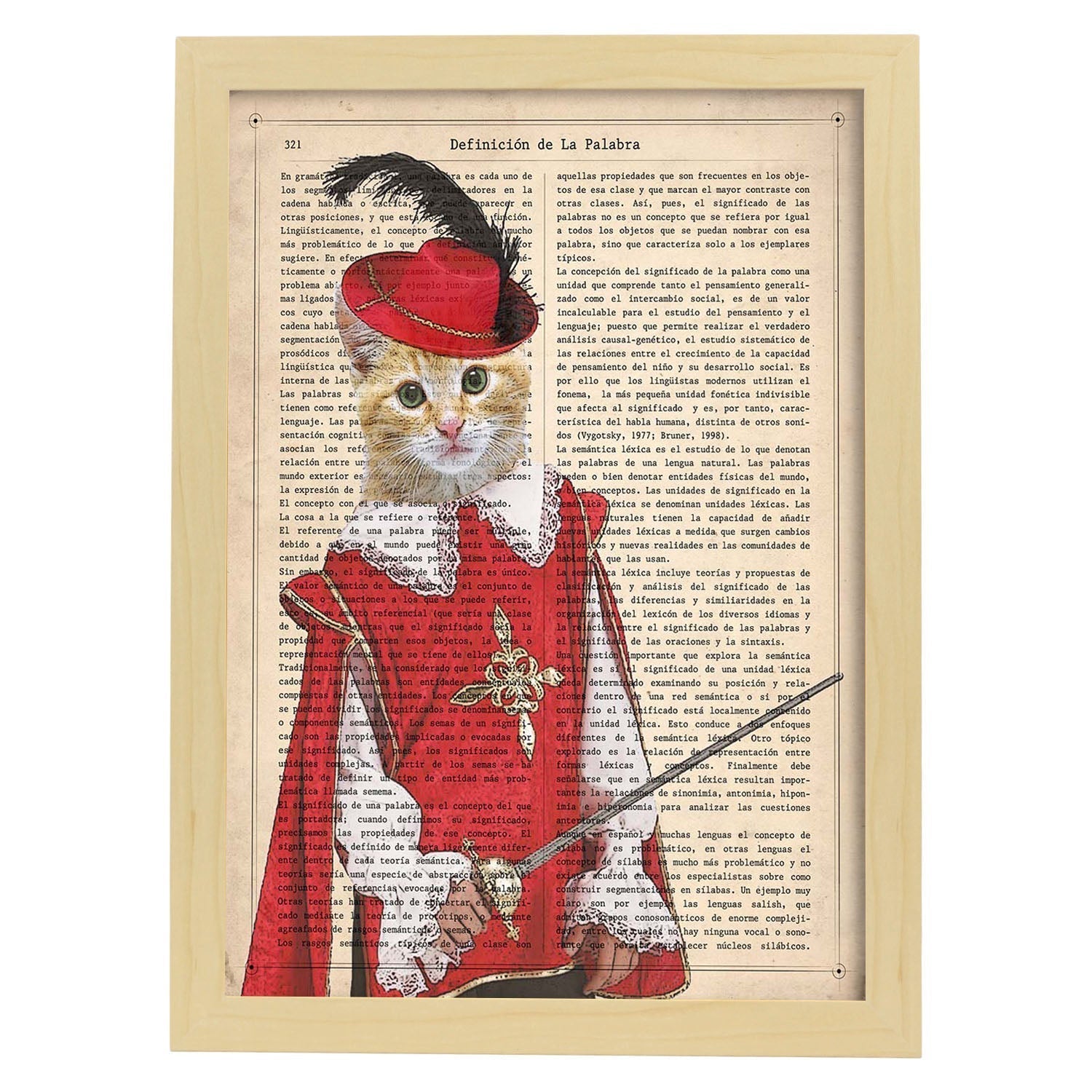 Poster de gato mosquetero. láminas de animales con definiciones. ilustraciones de animales con textos. marco blanco - a3