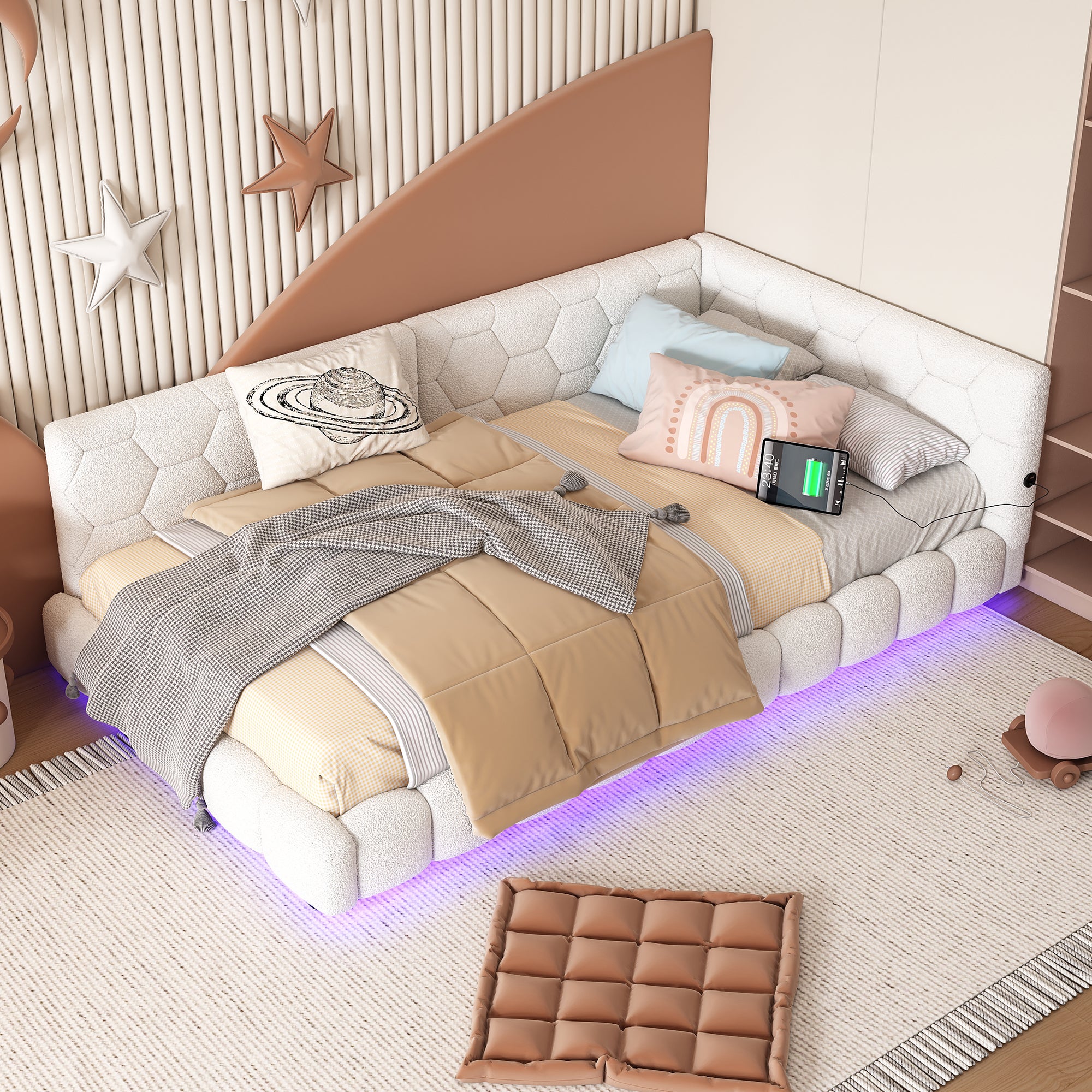 Lit Coffre 140x200cm,avec Éclairage LED Et Port USB, Avec Tête De Lit Coffre Structure Stable Beige