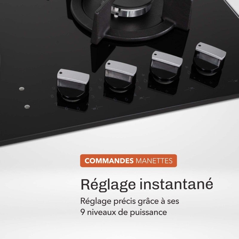 BELDEKO Plaque de cuisson mixte gaz et vitrocéramique 4 foyers - Double couronne - 8200 W - Manettes - 4