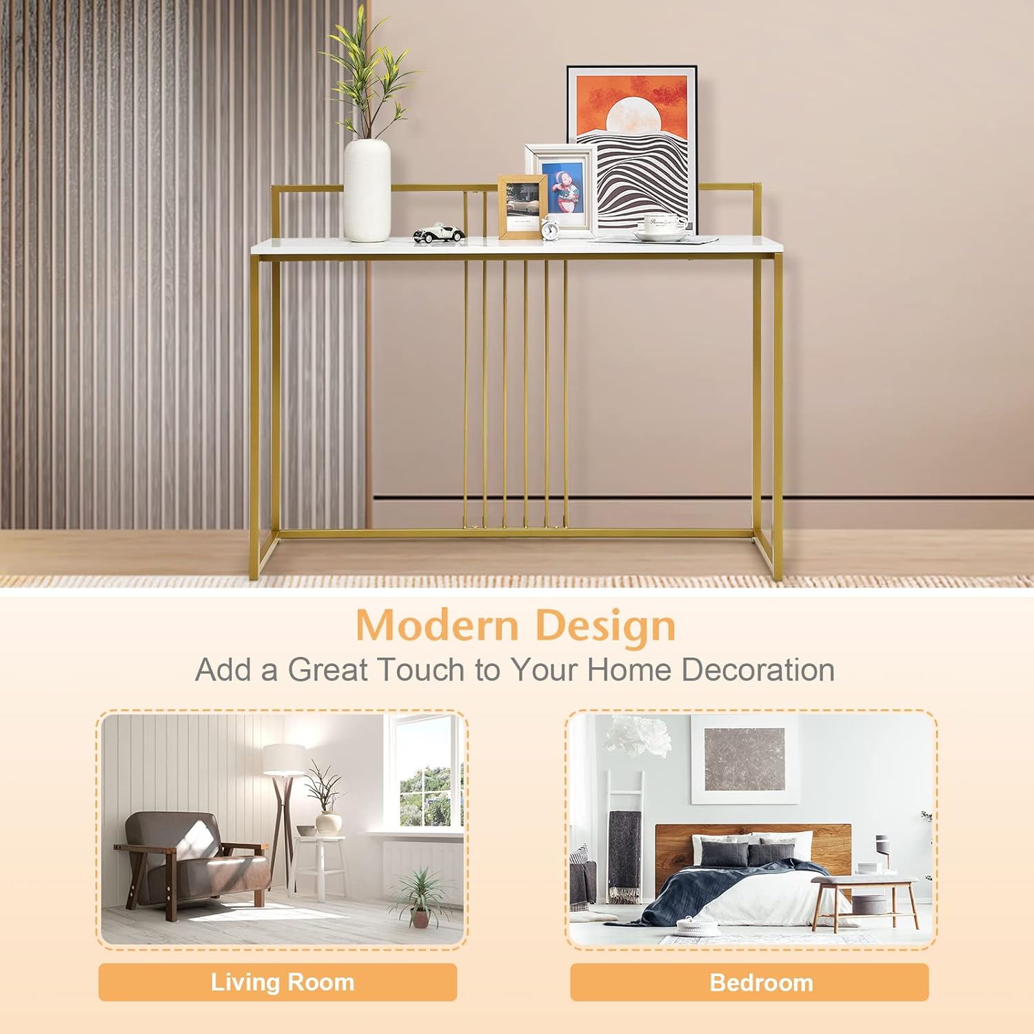 Consolas e mesas de sofá, com hastes reforçadas, armário para guardar objetos para sala de estar e entrada, 120x32,5x88 cm, branco e dourado - 6