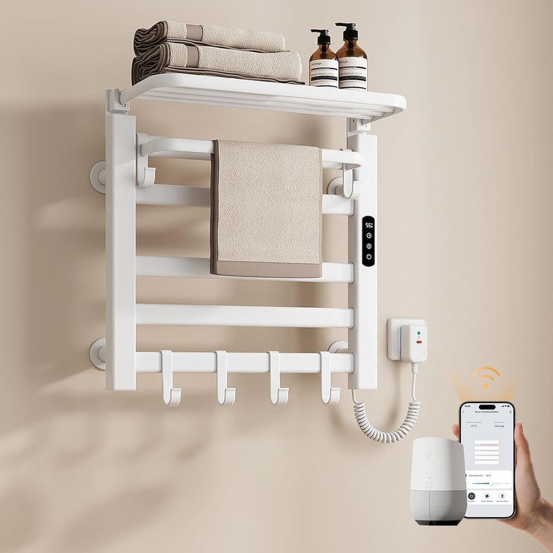 EMKE Grzejnik elektryczny łazienkowy 140W 50x50 cm Biały - WiFi+TUYA+Głos (Google/Alexa) z półką i hakami