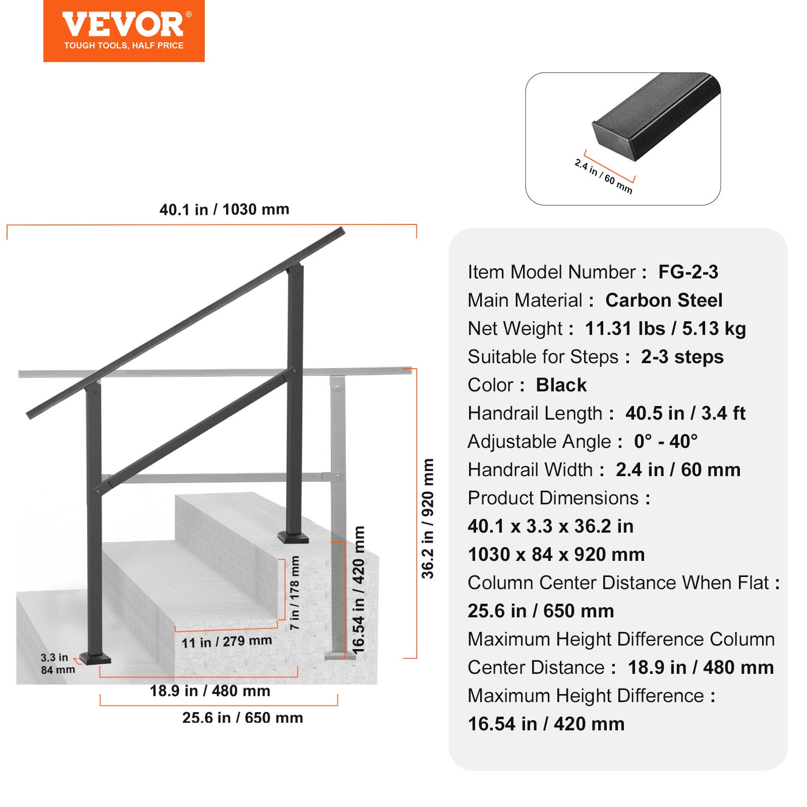 Rampe d'Escalier VEVOR pour 2-3 Marches Extérieures, Tube Carré en Acier au Carbone, pour Personnes Âgées, Marches en Béton, Porche, Terrasse, Noir - 7