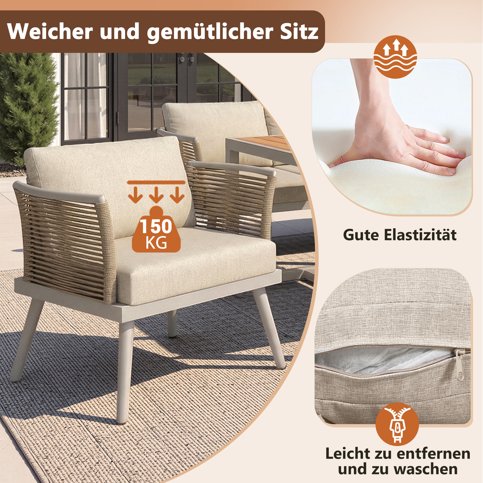 Ensemble de canapé de jardin 7 places,Canapé d'angle extérieur en forme de L avec coussin,main courante tressée,Ensemble de jardin imperméable,Beige - 7