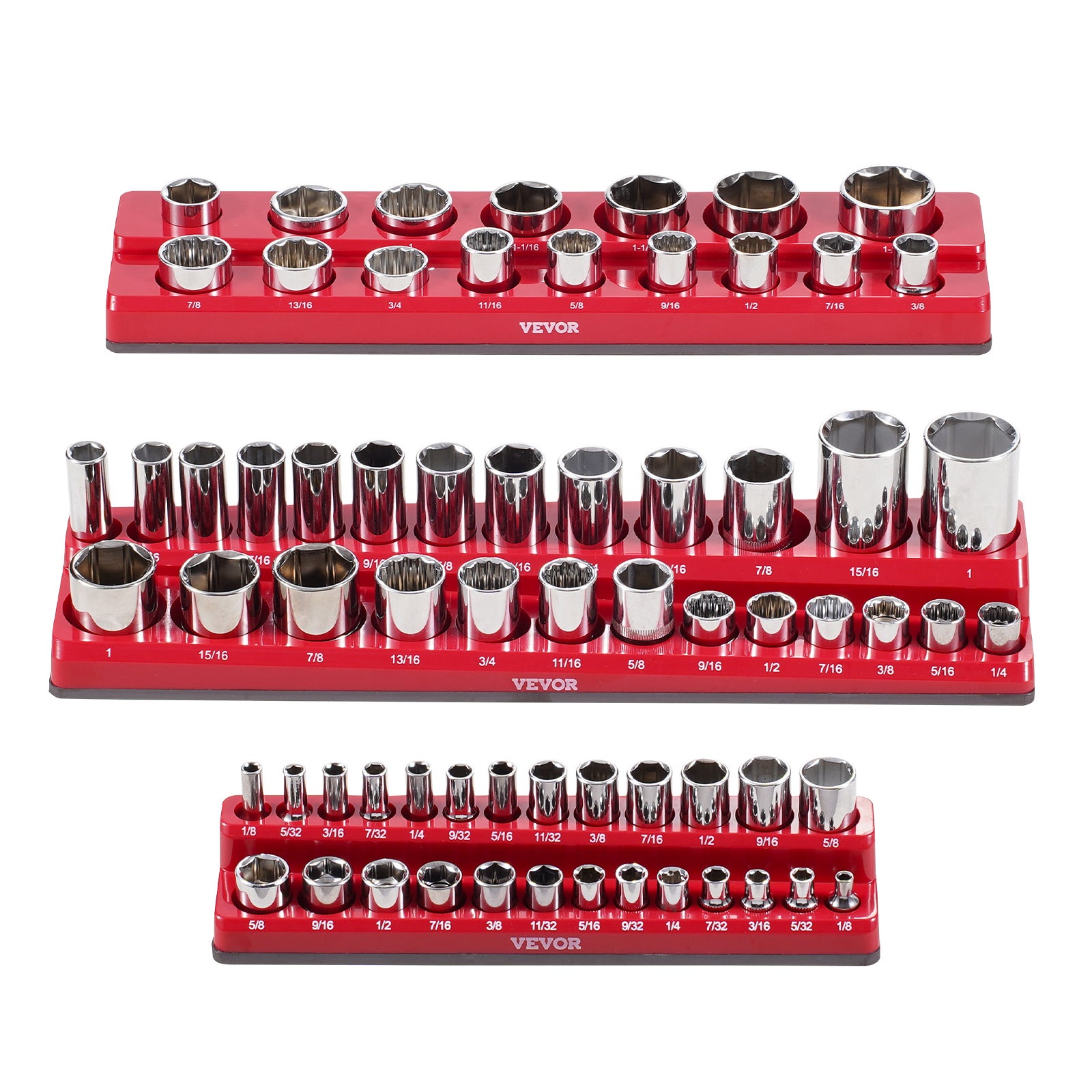 Kit Organisateurs Douilles Magnétiques VEVOR 3 pcs,Plateaux SAE 1/4'',3/8'',1/2'',Étiquettes Transparentes,Capacité 68 Douilles,Rouge - 9