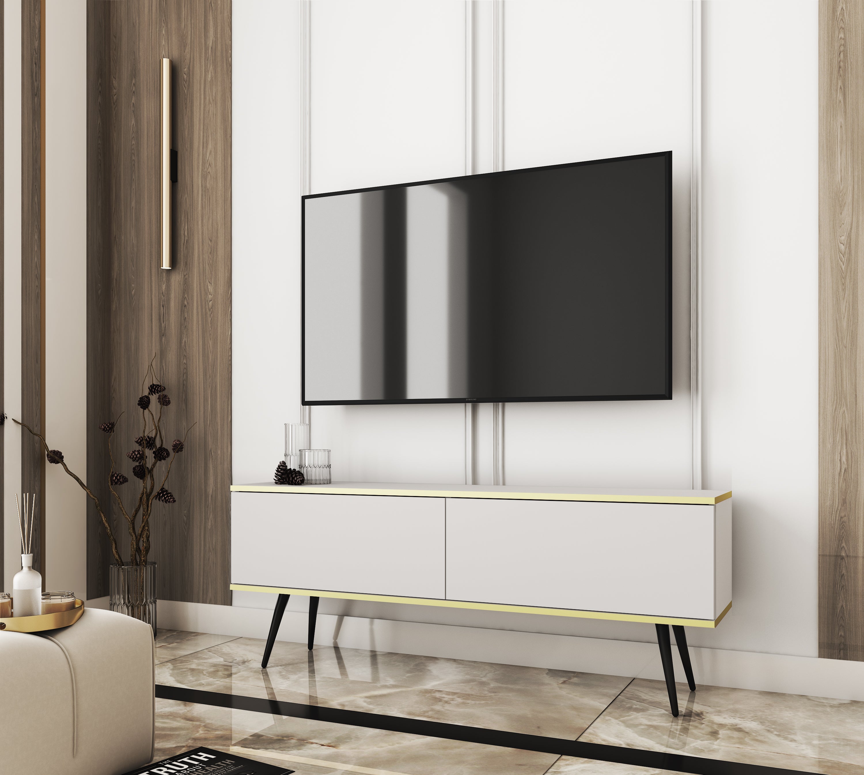 Szafka RTV, biały z czarnymi nogami, 135 x 30 x 52 cm, otwierany na wcisk - 2