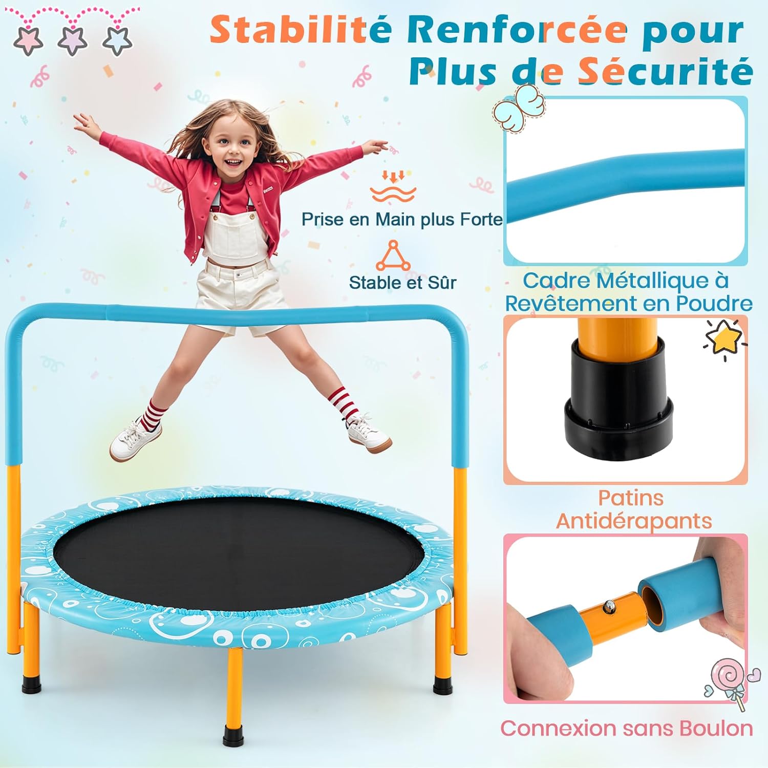 Składana Trampolina Zewnętrzna dla Dzieci z Pokrowcem Zabezpieczającym, Ø 92 cm, Wewnętrzna/Zewnętrzna, Obciążenie 150 kg, Niebieska, Okrągła - 5