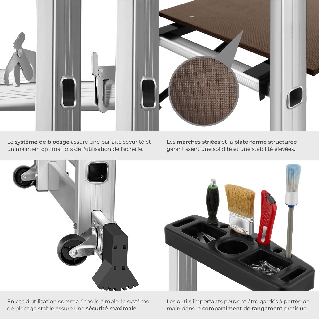 Échafaudage multifonctionnel en aluminium grande surface de travail facile à déplacer 160 x 70 x 109 cm argent TECTAKE - 4