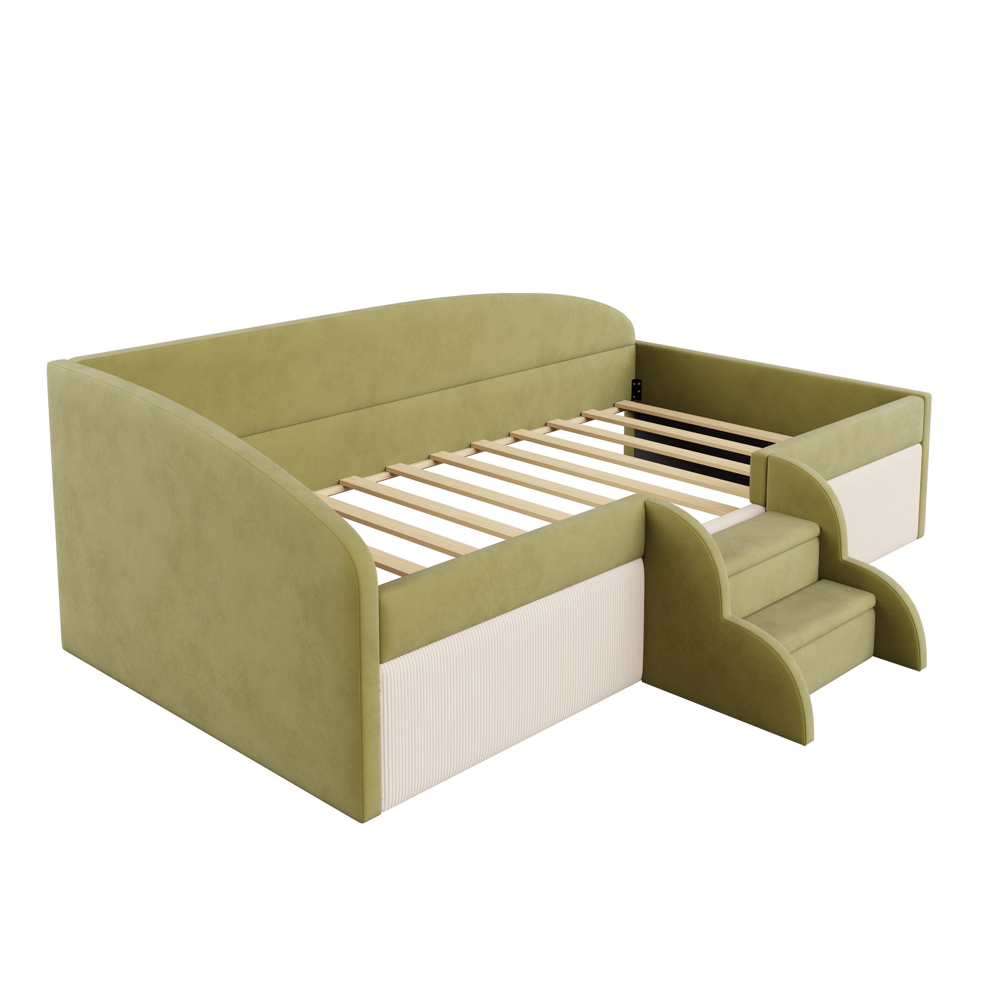 Divano letto 90x190 cm velluto verde beige con poggiapiedi e braccioli - 5