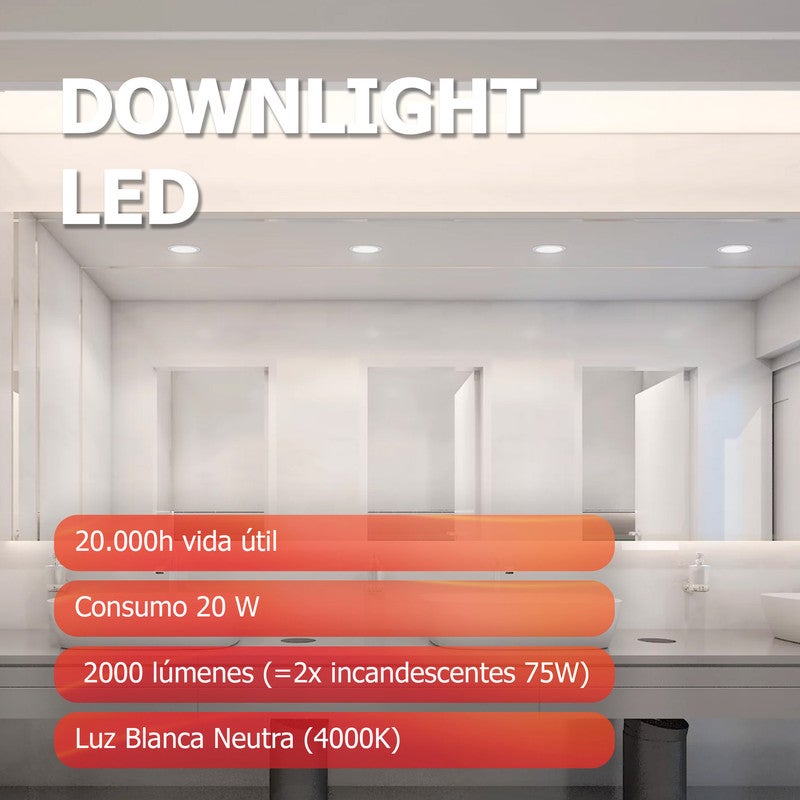 Downlight LED embutido no teto, 225 mm de diâmetro e 3,5 cm de altura, 20 W, 4000K, não regulável, 2000 lúmens, CRI80, IP20, 20.000 h - 4