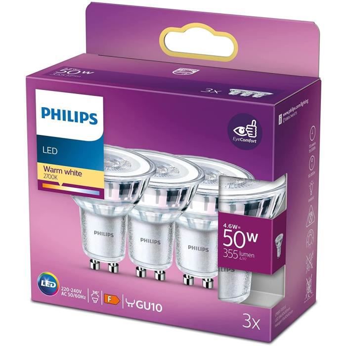 Philips, pack de 3 ampoules GU10 LED 50W, blanc chaud - 7