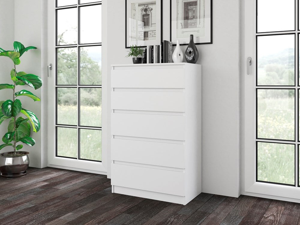 Nowoczesna Komoda do Sypialni 70x109,5x40 cm – 5 Szuflad na Cichych Prowadnicach – Kolor Biały
