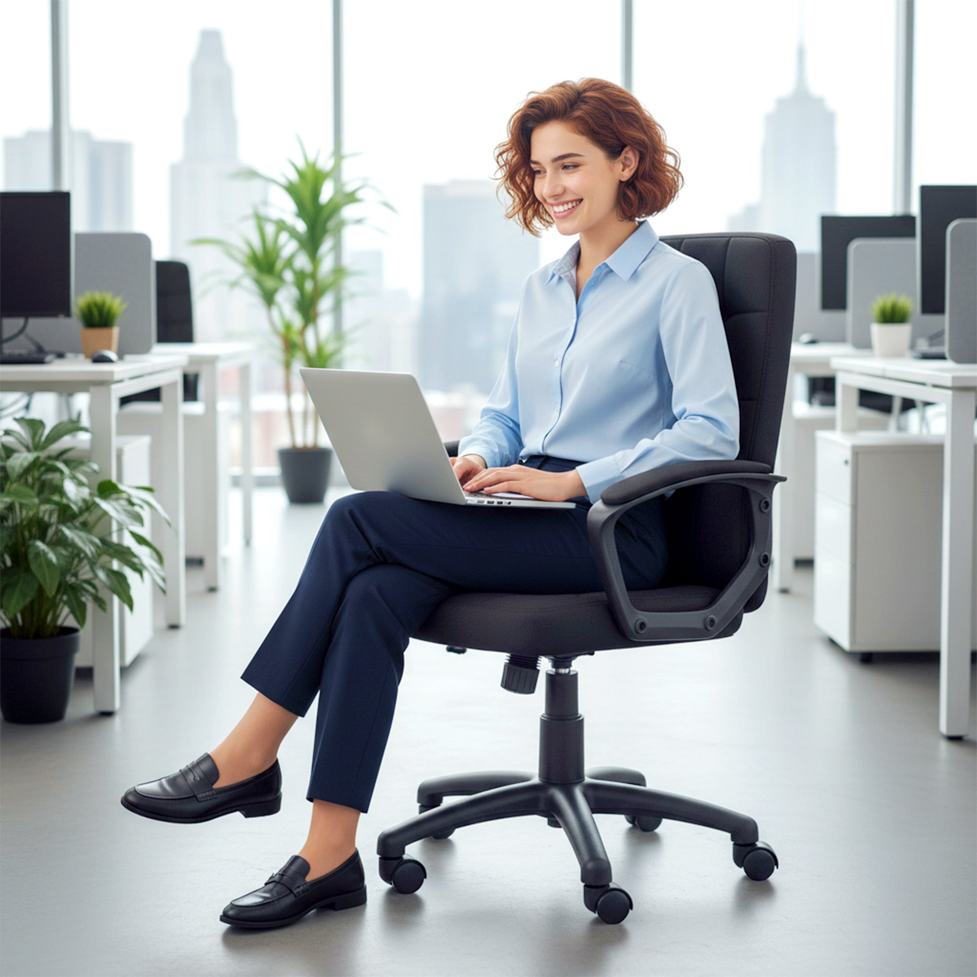 Fauteuil de bureau pivotant revêtu de lin synthétique, réglable en hauteur et en inclinaison, dossier mi-haut, accoudoirs, noir - 9