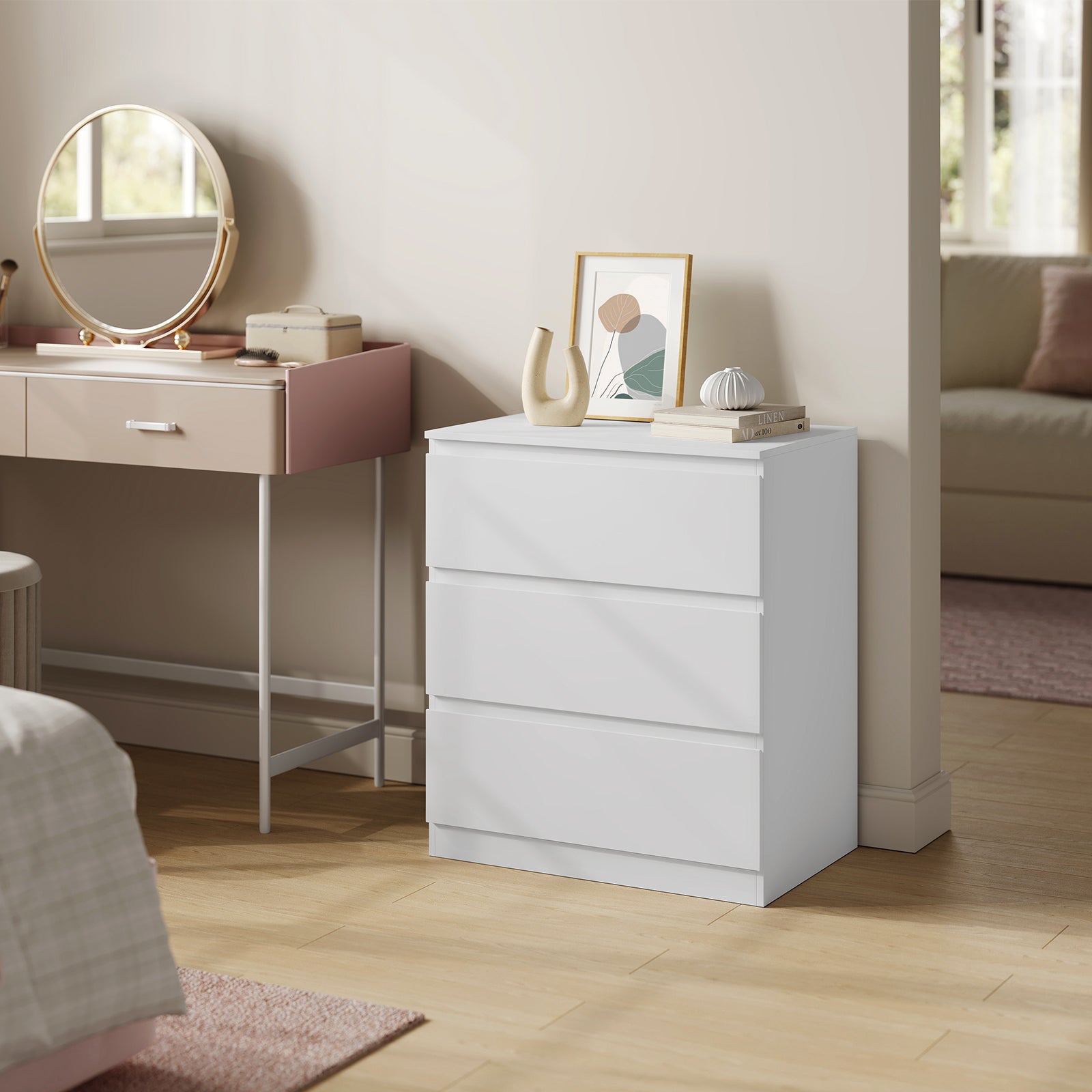 Commode WOLTU, avec 3 Tiroirs, Meuble Tiroir Rangement, en Bois d’Ingénierie, Chiffonnier, Blanc, 60x40x70 cm - 2