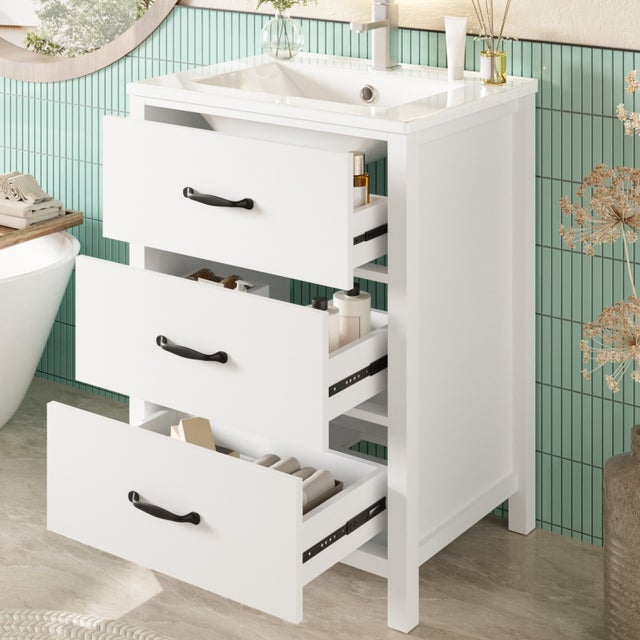 Vasque à encastrer 61x47x83 cm - Meuble sous-vasque - Avec 3 Tiroirs - MDF et Céramique - Blanc