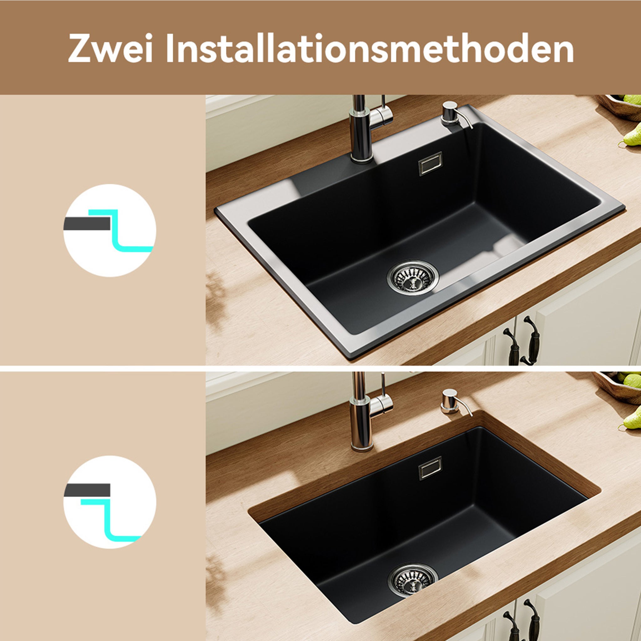 60x45 cm Évier de cuisine en quartz encastrable - évier encastré, grand évier de cuisine à 1 bac avec siphon, évier noir avec trou pour robinet HOROW - 2