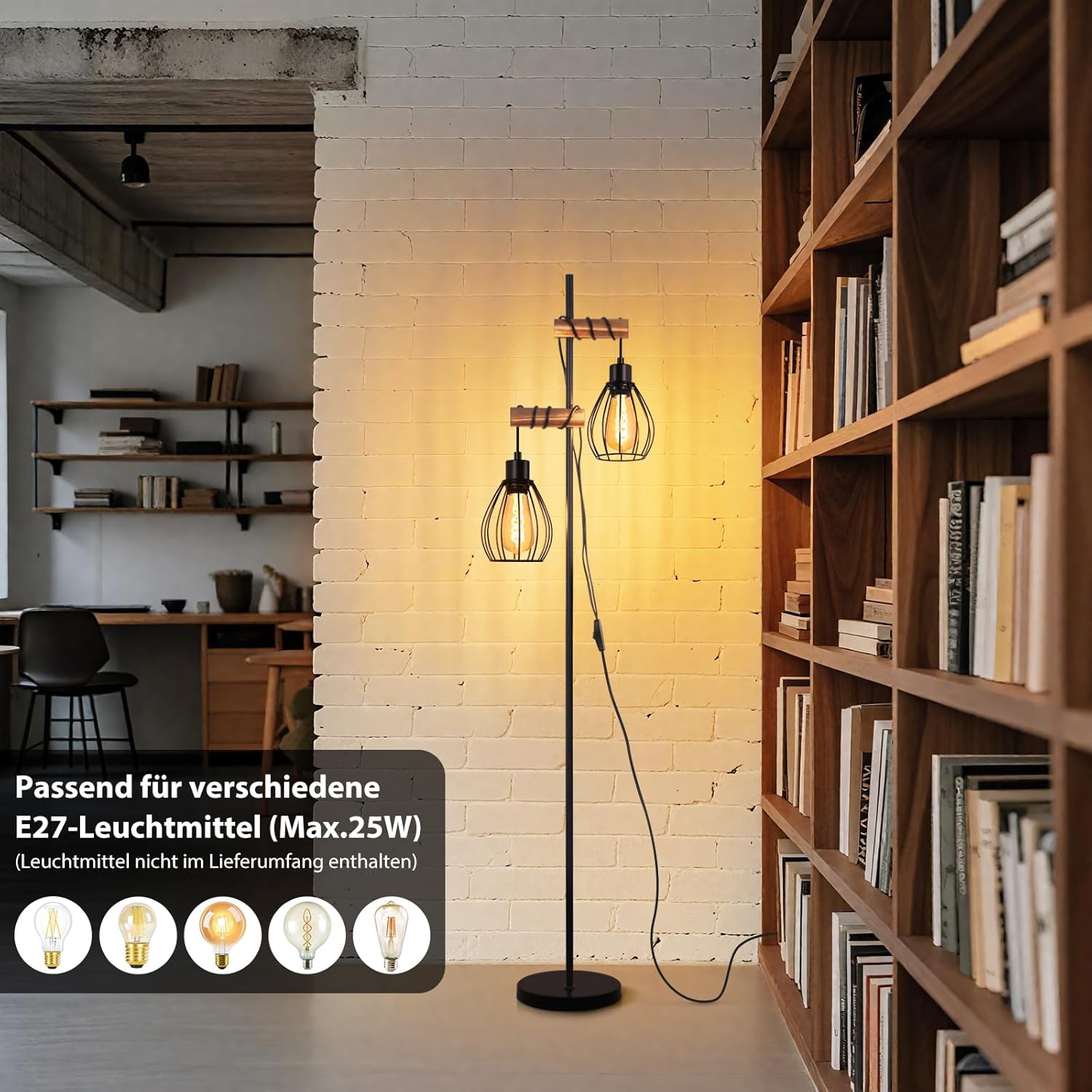 NETTLIFE lampadaire salon lampadaire noir : lampadaire bois métal industriel e27 lampadaire 2 lumières avec abat-jour cage 152cm (sans ampoule) - 7