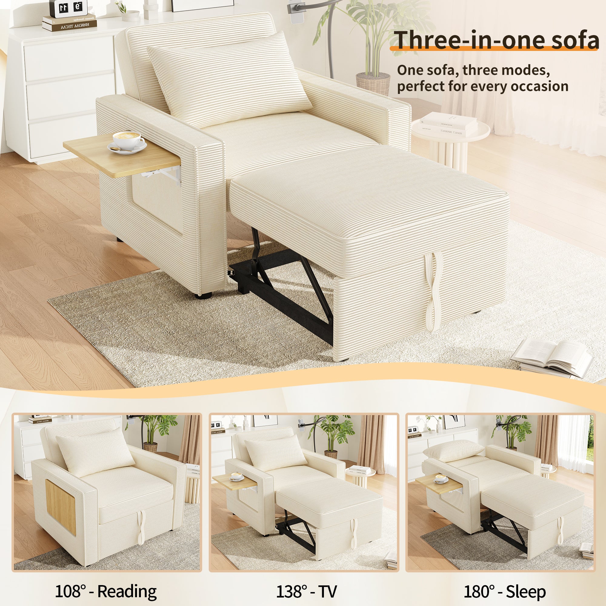 Wielofunkcyjna sofa rozkładana - z portami ładowania USB - z uchwytem na telefon - tkanina Corduroy - beżowa - 6