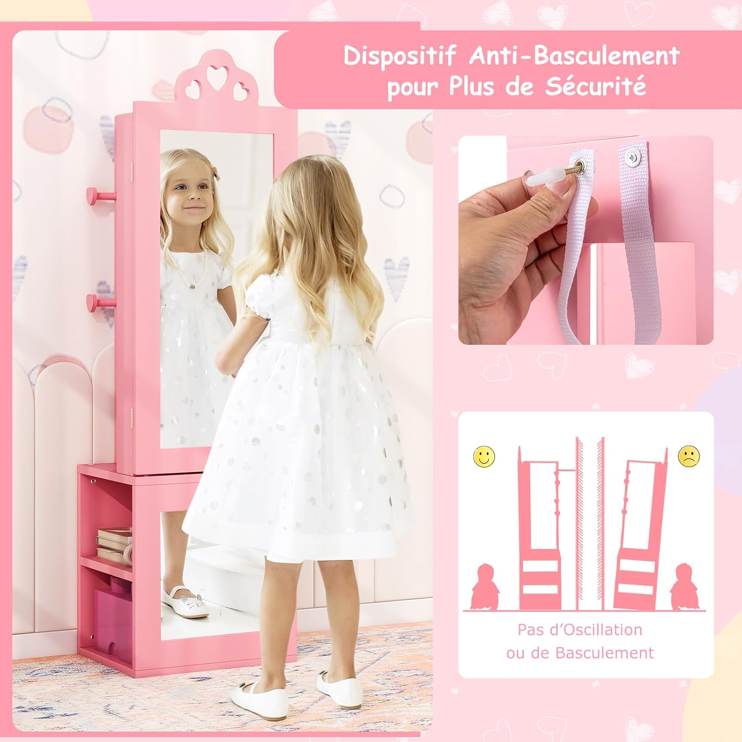 Armadio Portagioie per Bambini, Armadio Porta Abiti 3 in 1 con Specchio a Figura Intera e Appendiabiti, Armadio Organizzatore per Gioielli con - 6