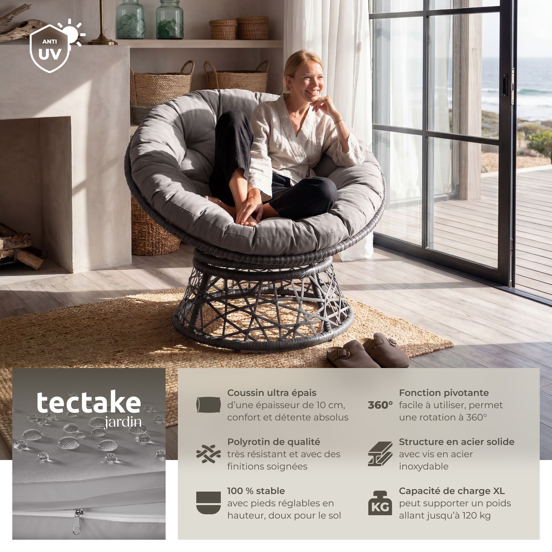 Fauteuil papasan rotin en résine tressée et acier rotatif avec coussin rond et confortable TECTAKE - 2