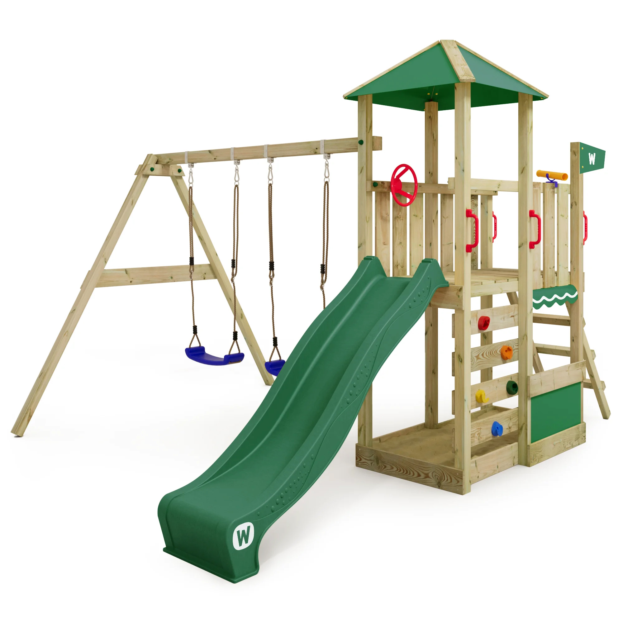 WICKEY Aire De Jeux Smart Ocean Portique En Bois Avec Balançoire Et Toboggan Rouge, Tour D'escalade Pour Enfants Avec Bac à Sable, échelle Et Accessoires De Jeu Pour Le Jardin