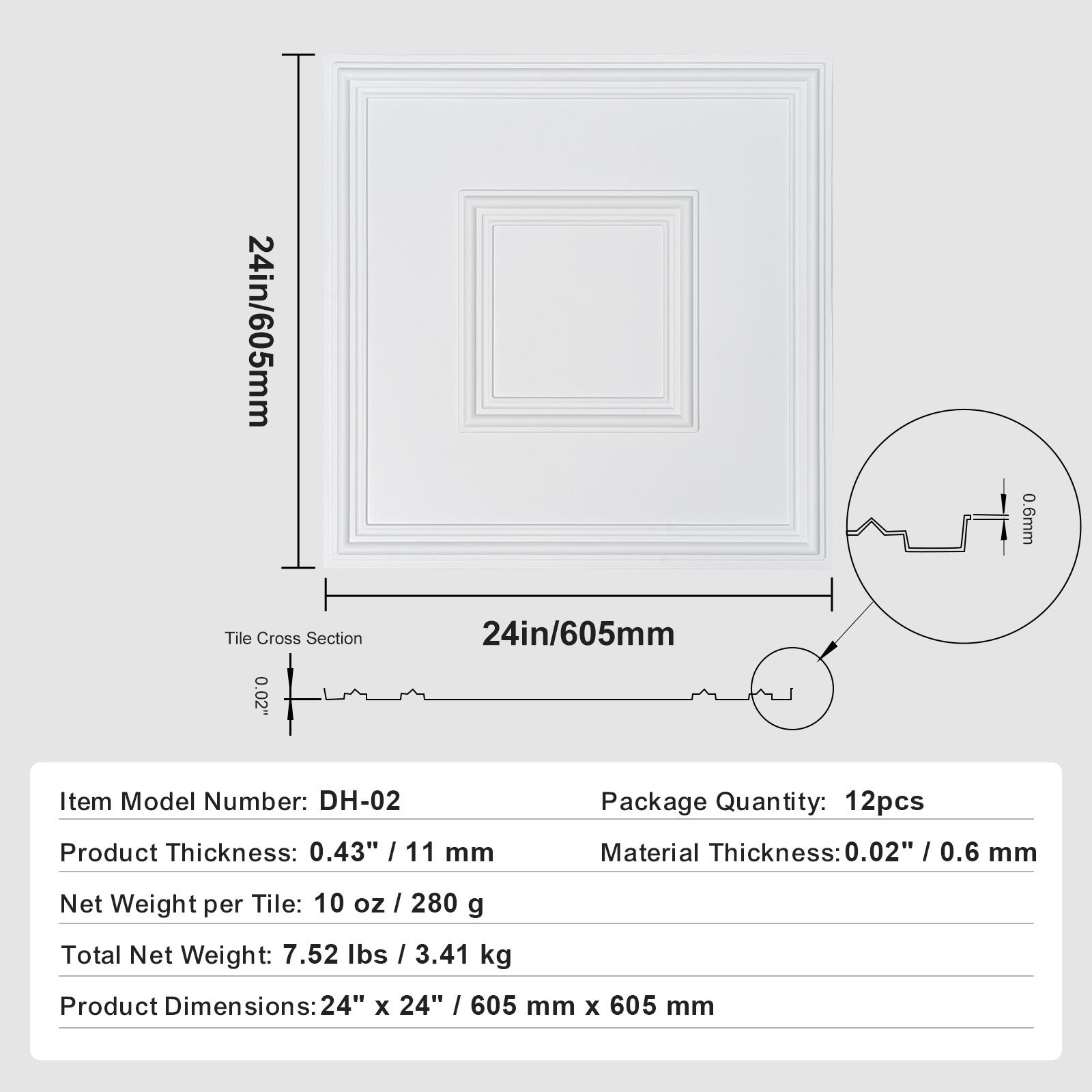 Plaques de Plafond Décoratives PVC SucceBuy 605 x 605 mm, Lot de 12, Dalles Blanches 3D à Coller ou Suspendre - 9