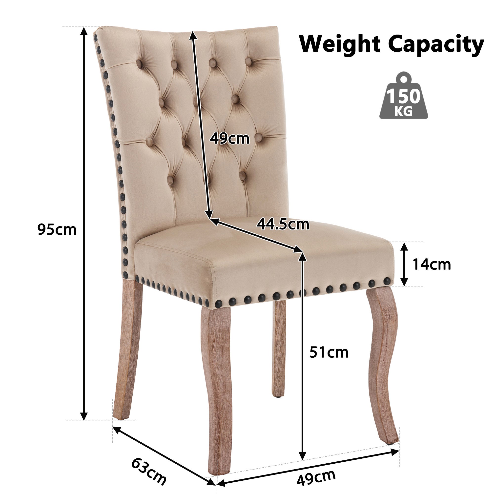 Chaises de salle à manger (chaises de cuisine avec dossier arrondi distinctif, lot de 2), pieds en bois massif, couleur camel clair - 3
