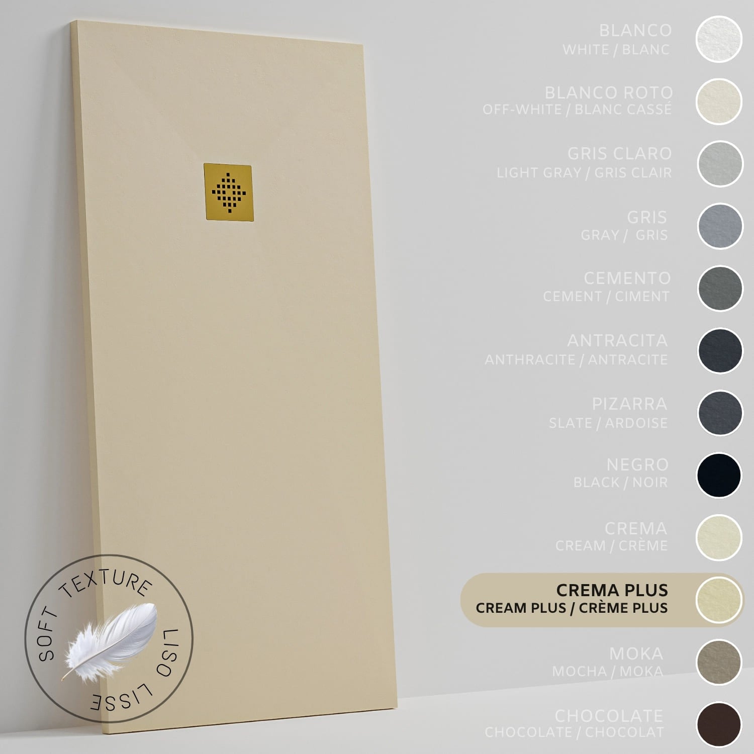 Soulhome plato de ducha - resina - gel coat - textura liso seda - antideslizante - color crema intenso - 90x90- extraplano 3cm. rejilla dorada