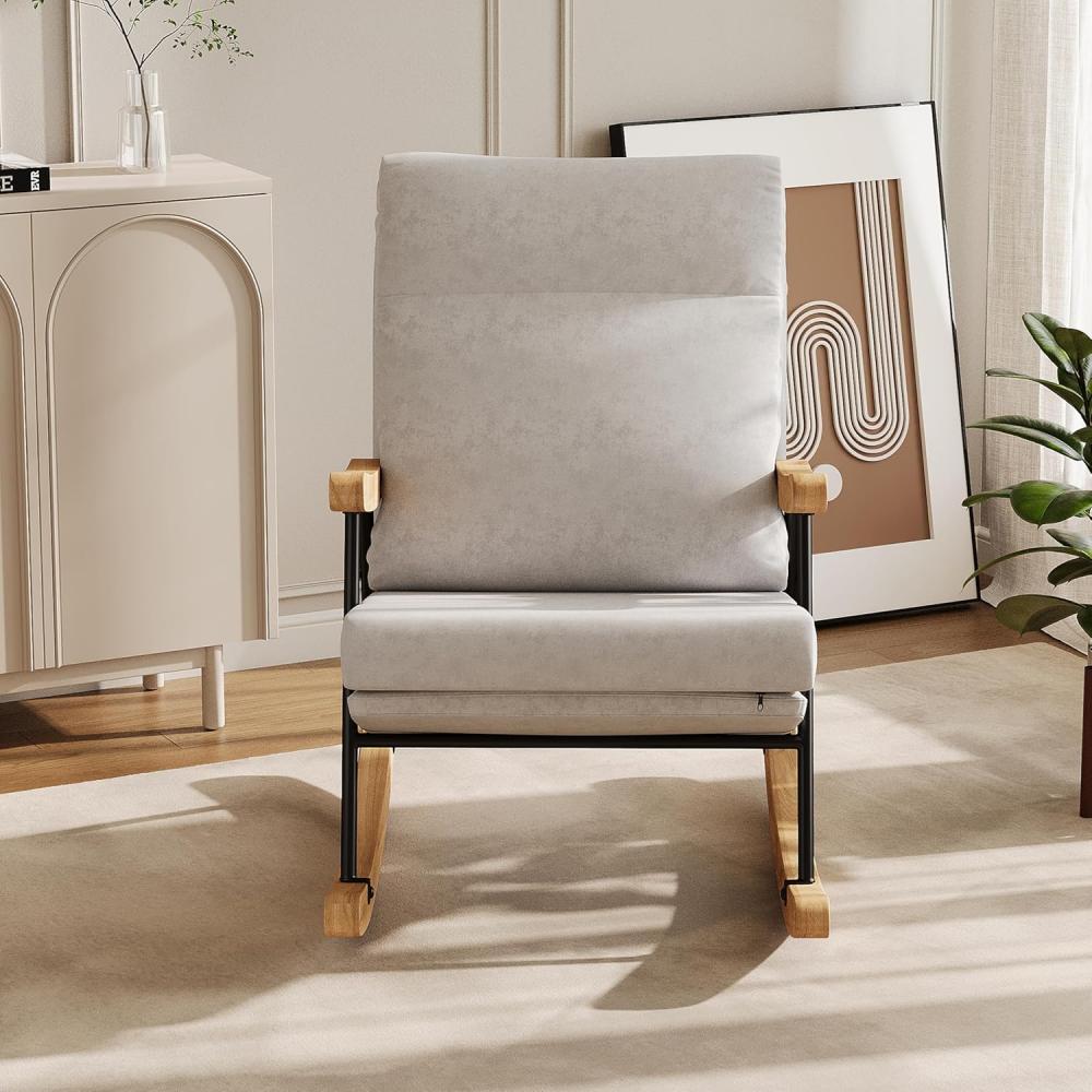 Chaise à bascule scandinave en lin ergonomique, bois massif et métal, fauteuil relax salon chambre. - 9
