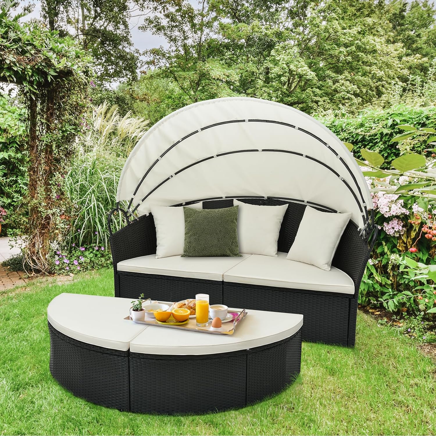 GIANTEX Lit de Jardin Rond en Rotin PE avec Auvent Rétractable, avec Coussins et Oreillers Amovibles Charge 360KG,pour Jardin Porche,Blanc - 6