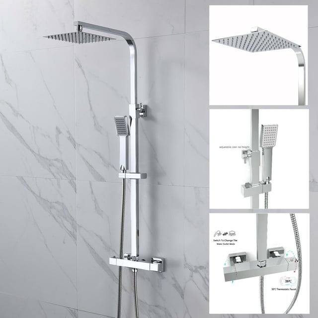 AICA Kit doccia con rubinetto termostatico, soffione doccia quadrata acciaio inox, asta doccia regolabile 80-120cm, cromato, antiscottatura