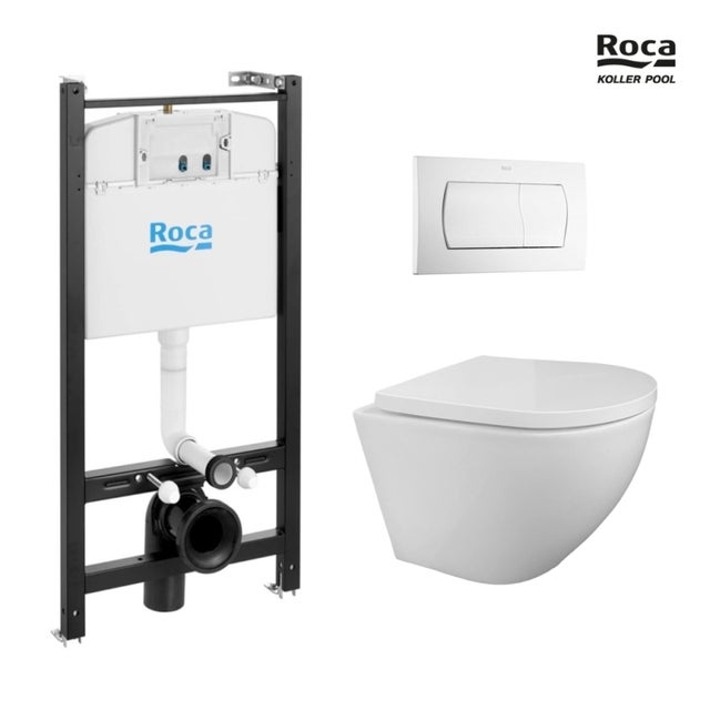 Bastidor ROCA Active pack cisterna empotrada y pulsador Blanco brillo con inodoro suspendido TORNADO ROUND de KP blanco