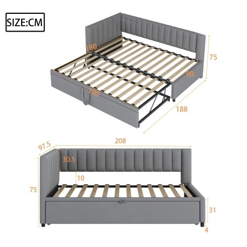 Canapé-lit multifonctionnel en L avec lit gigogne 90/180x200cm, tissu velours, design peu encombrant pour lit enfant, lit d'appoint - 3