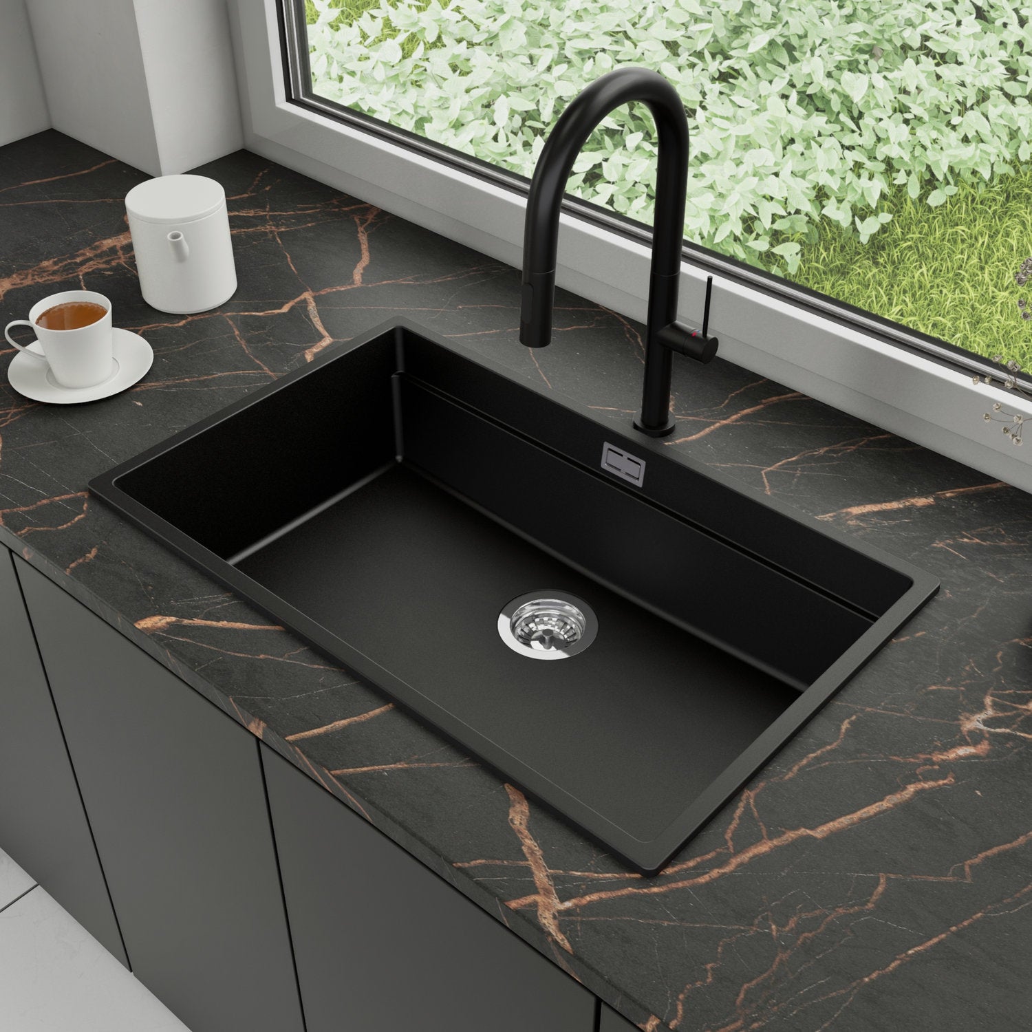 Zlewozmywak Granitowy 76x47cm, do szafki od 80cm + Bateria + Syfon - Coral Czarny STONESTYLE