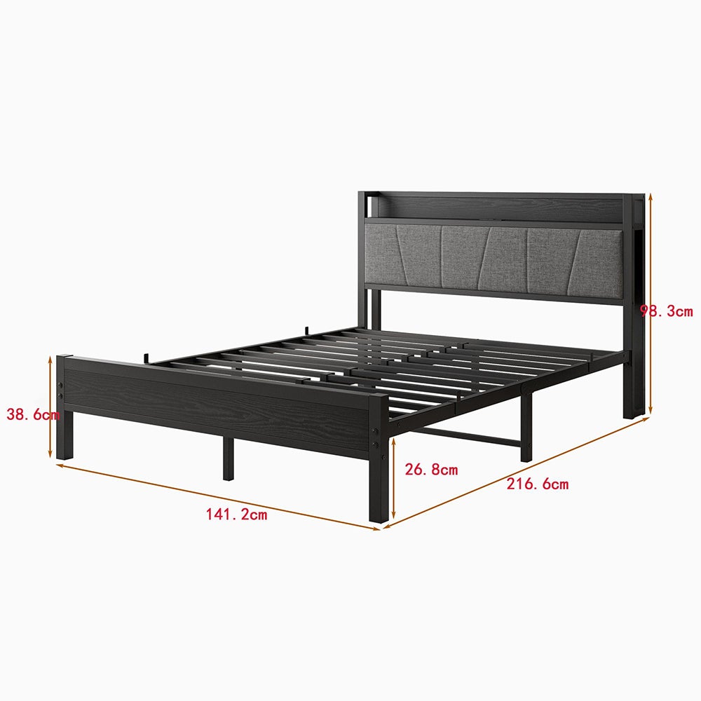 Łóżko dla dorosłych z inteligentnym oświetleniem LED i portami USB, metalowa konstrukcja, czarne - 140 x 200 cm - 4