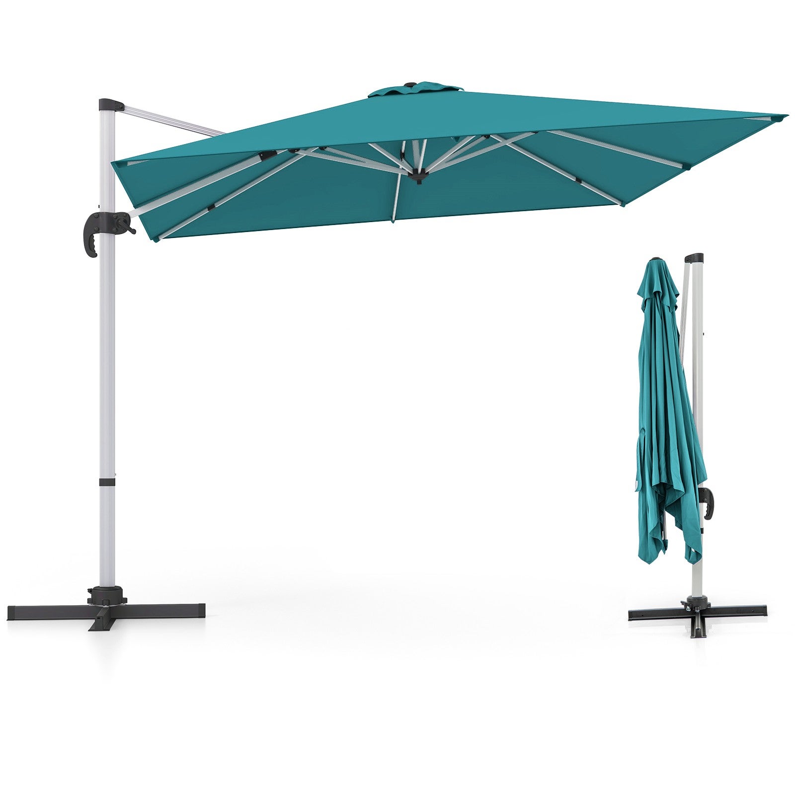 Parasol Ogrodowy z Wysięgnikiem 3x3 m, 8 Żeber, UPF50+, Podstawa Krzyżowa, 5 Pozycji Nachylenia i Obrót o 360 Stopni, Turkusowy