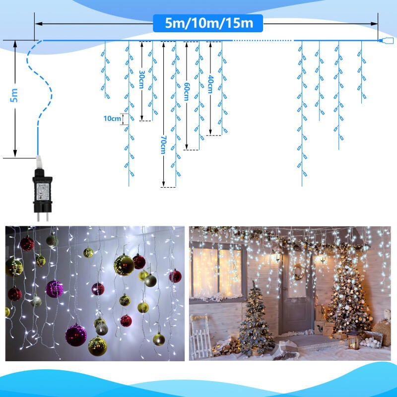 10M 200LEDs Guirlande lumineuse en stalactites Blanc froid,, IP44 étanche, Décoration de Noël, Fête, Balcon, Jardin - 2