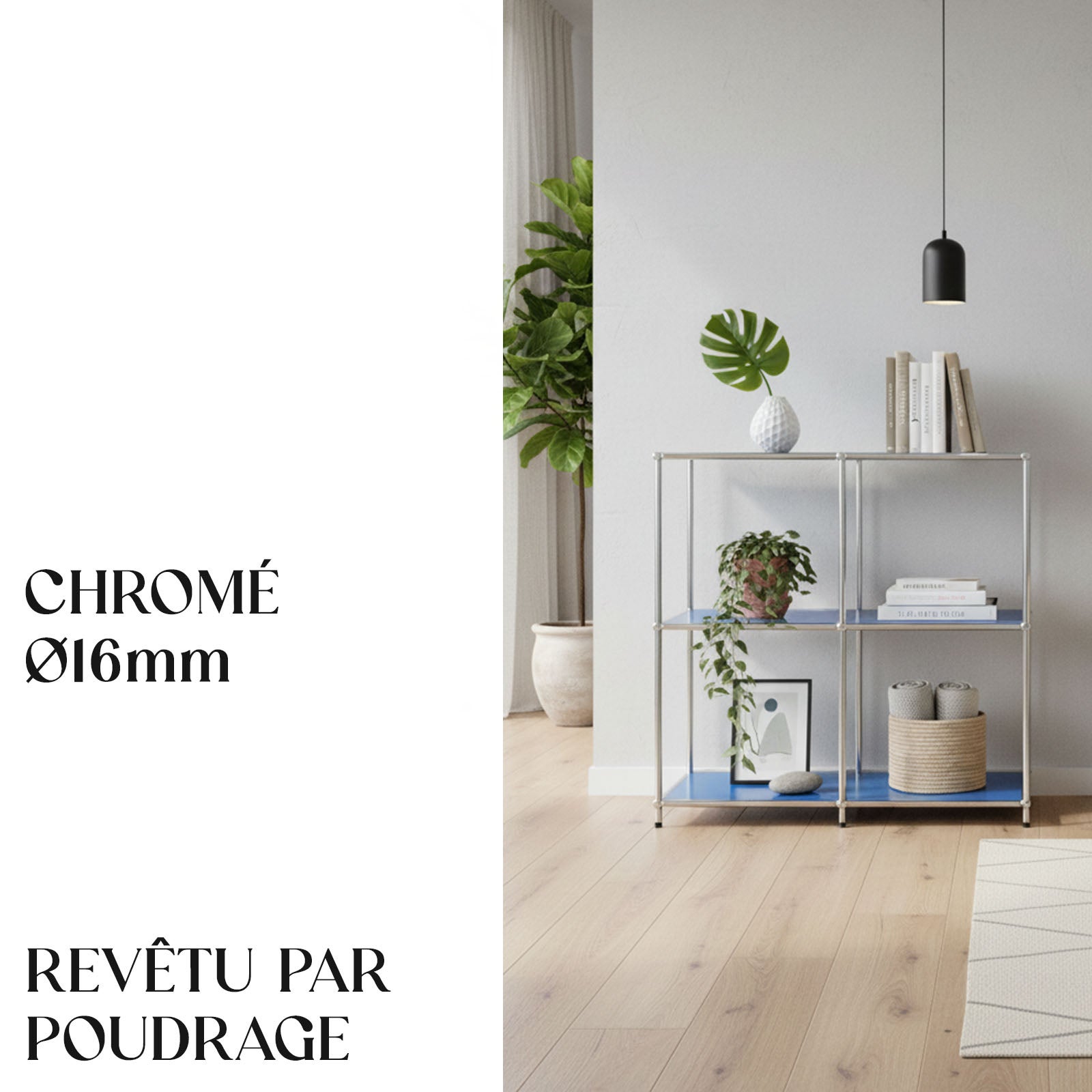 Étagère métal chromé design épuré, Concept Epuré MK-027 : 3 étages, 78 x 40 x 82 cm, Bleu - 4
