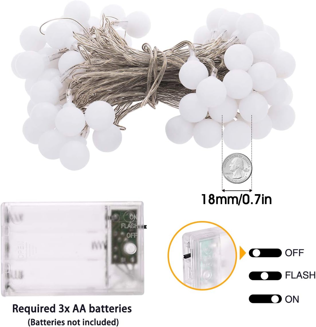 10M Guirlande Lumineuse, 80 Petites Boule Étanche IP65,Alimenté batterie Eclairage Décoration Intérieur et Extérieur, Alimenté par pile (Blanc chaud) - 4