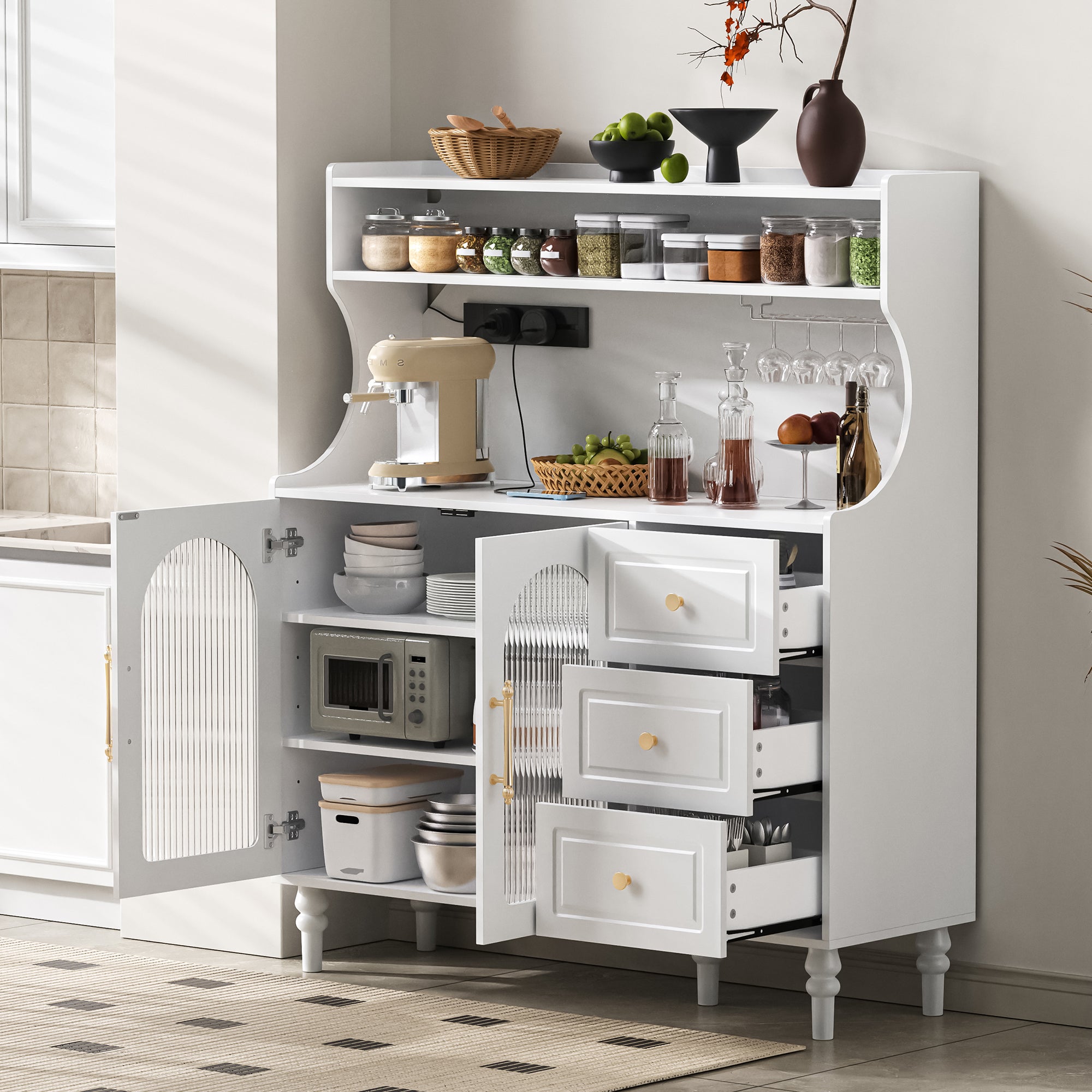 Kredens kuchenny z 2 szklanymi drzwiami, 3 szufladami i portem ładowania - 120 x 40 x 184 cm - Płyta MDF i płyta wiórowa - Regulowane półki - Biały - 2
