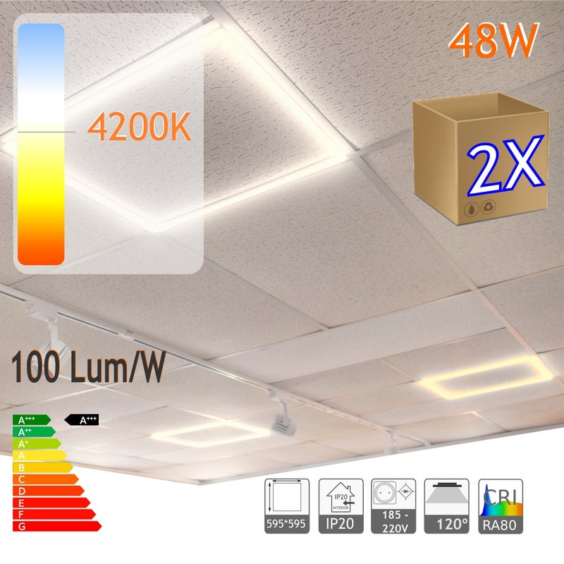 Zestaw 2x 2x Kwadratowa rama oświetleniowa LED 60x60cm 48W 4800 Lumen, Białe światło 4200K, do sufitów podwieszanych