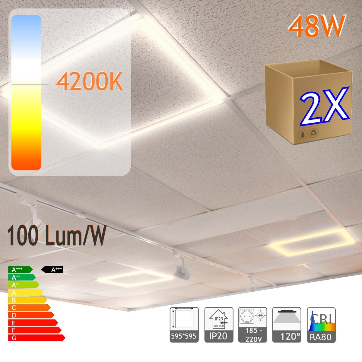 JANDEI - Confezione Da 4 Pannelli LED 60x60cm Per Controsoffitti Armstrong, 48W, 4500 Lumen, Bianco Neutro 4200K, Retroilluminazione
