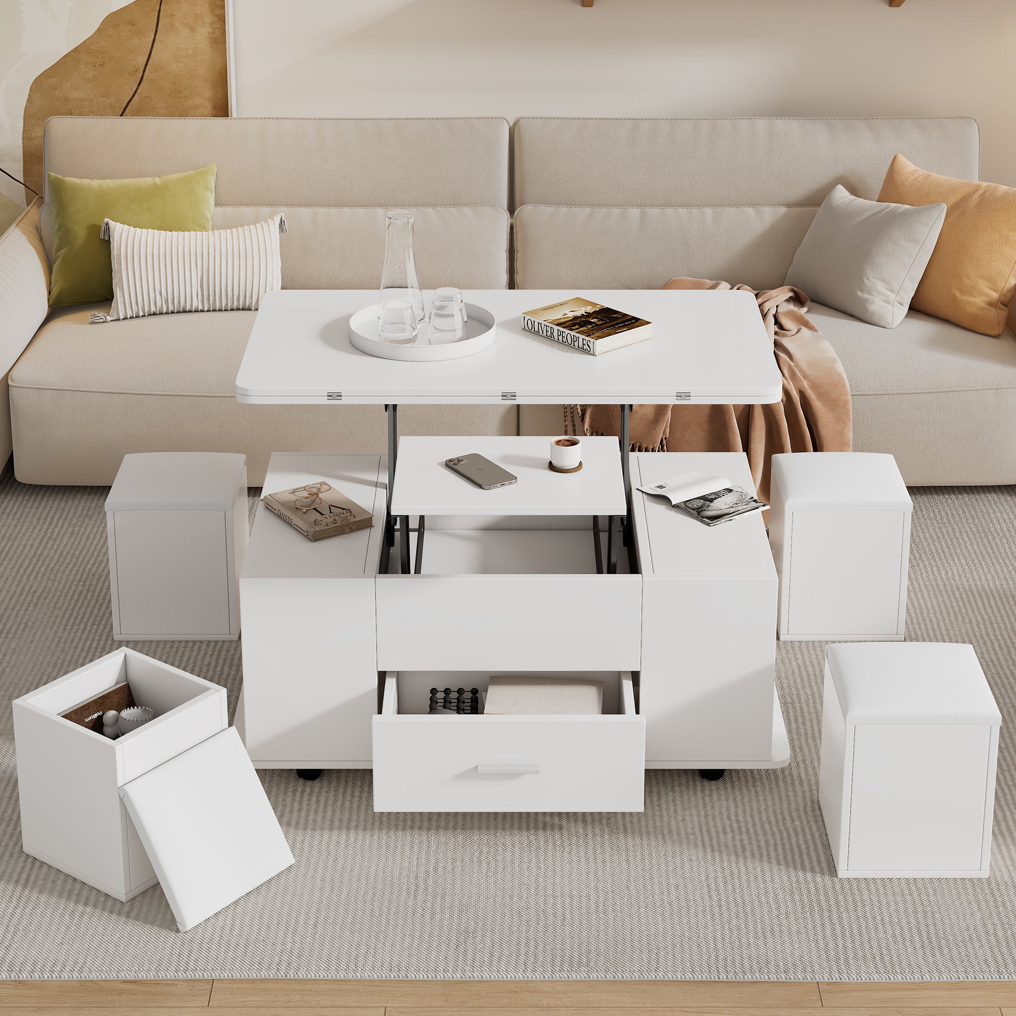 Mesa De Centro Regulable TIZZ - 4 En 1 Con 4 Taburetes - Plegable Y Con Ruedas - Color Blanco