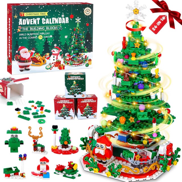Calendario de Adviento Infantil 2025 - 701 Piezas, Bloques de Construcción de Árbol de Navidad Giratorios con LED, Regalo de Navidad